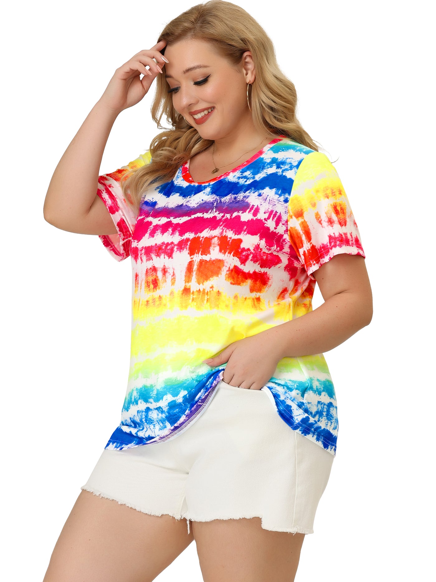 Bublédon Plus Size T Shirts Round Neck Multi Color Dye Casual Tops