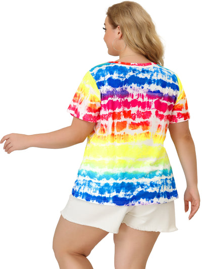 Plus Size T Shirts Round Neck Multi Color Dye Casual Tops