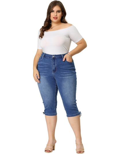 Plus Size Denim Mid Rise Fray Casual Cropped Jean Pants