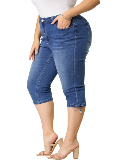Plus Size Denim Mid Rise Fray Casual Cropped Jean Pants