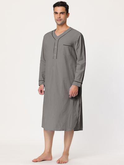 Cotton V Neck Long Sleeve Plain Henley Nightgown