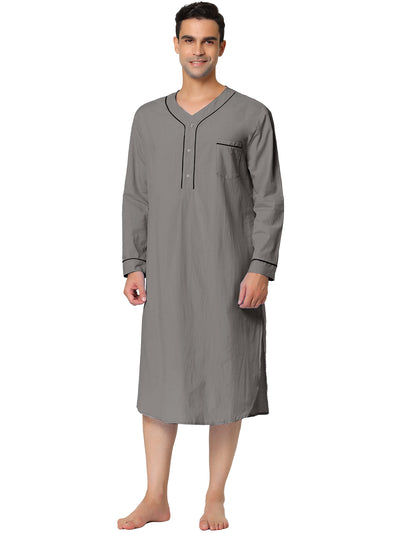 Cotton V Neck Long Sleeve Plain Henley Nightgown