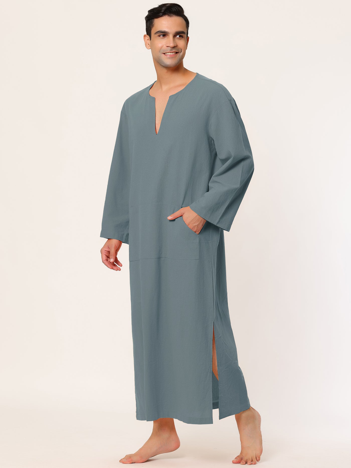 Bublédon Cotton Sleep Shirt V-Neck Plain Side Split Long Gown