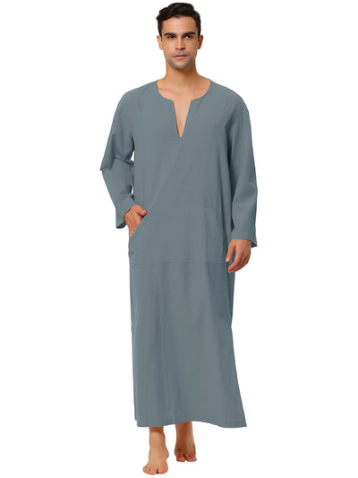 Cotton Sleep Shirt V-Neck Plain Side Split Long Gown