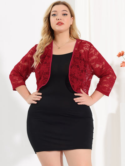 Plus Size 3/4 Sleeves Lace Open Front Crop Jacket