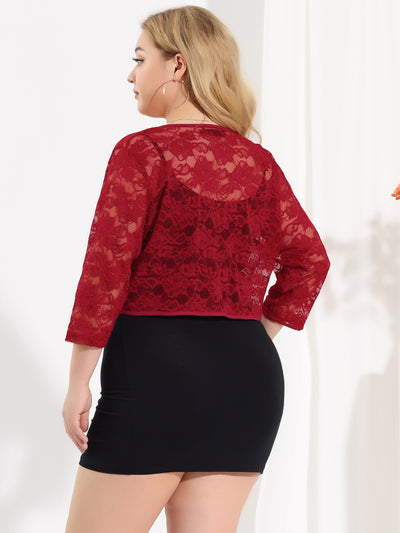 Plus Size 3/4 Sleeves Lace Open Front Crop Jacket