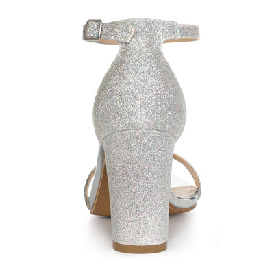 Perphy Glitter Ankle Strap Chunky High Heels Sandals