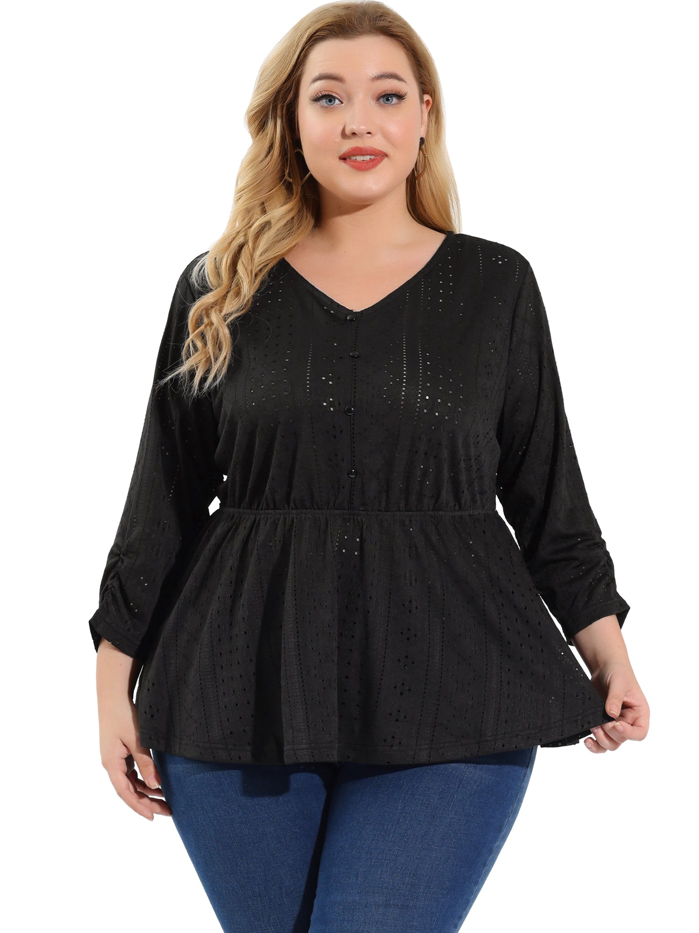 Bublédon Plus Size Blouse 3/4 Ruched Sleeves Ruffle Peplum Blouses
