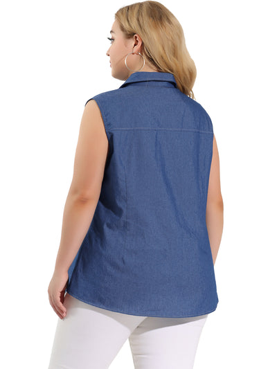 Women's Plus Size Denim Shirt Sleeveless Front Pockets Chambray Shirts