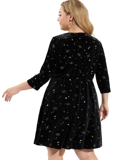 Velvet V Neck 3/4 Sleeve Star Print Plus Size Dress