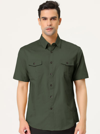Lapel Short Sleeve Button Solid Color Cargo Shirt