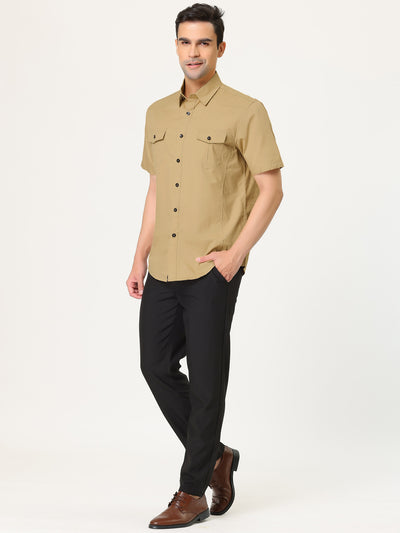 Lapel Short Sleeve Button Solid Color Cargo Shirt