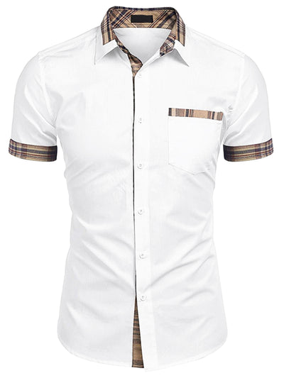 Casual Cotton Short Sleeve Plaid Collar Dress Shirt