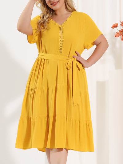 Rayon Short Sleeve Solid Belt Tiered Plus Size Dress