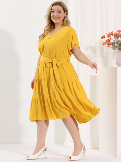 Rayon Short Sleeve Solid Belt Tiered Plus Size Dress