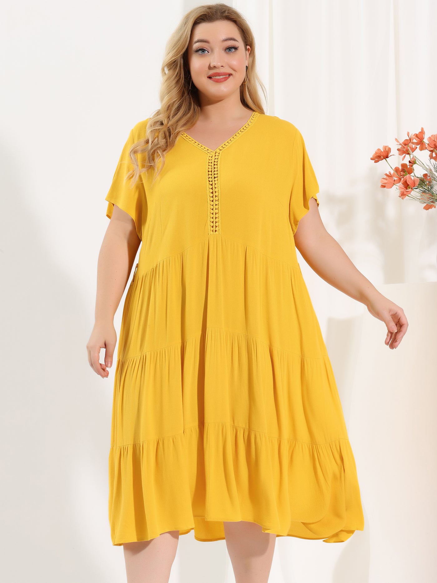 Bublédon Rayon Short Sleeve Solid Belt Tiered Plus Size Dress