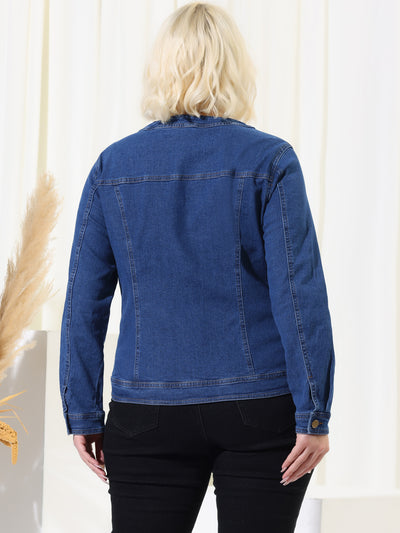 Women's Plus Size Long Sleeves Collarless Denim Jacket
