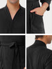 Solid Color V Neck 3/4 Sleeve Belt Waffle Bathrobe