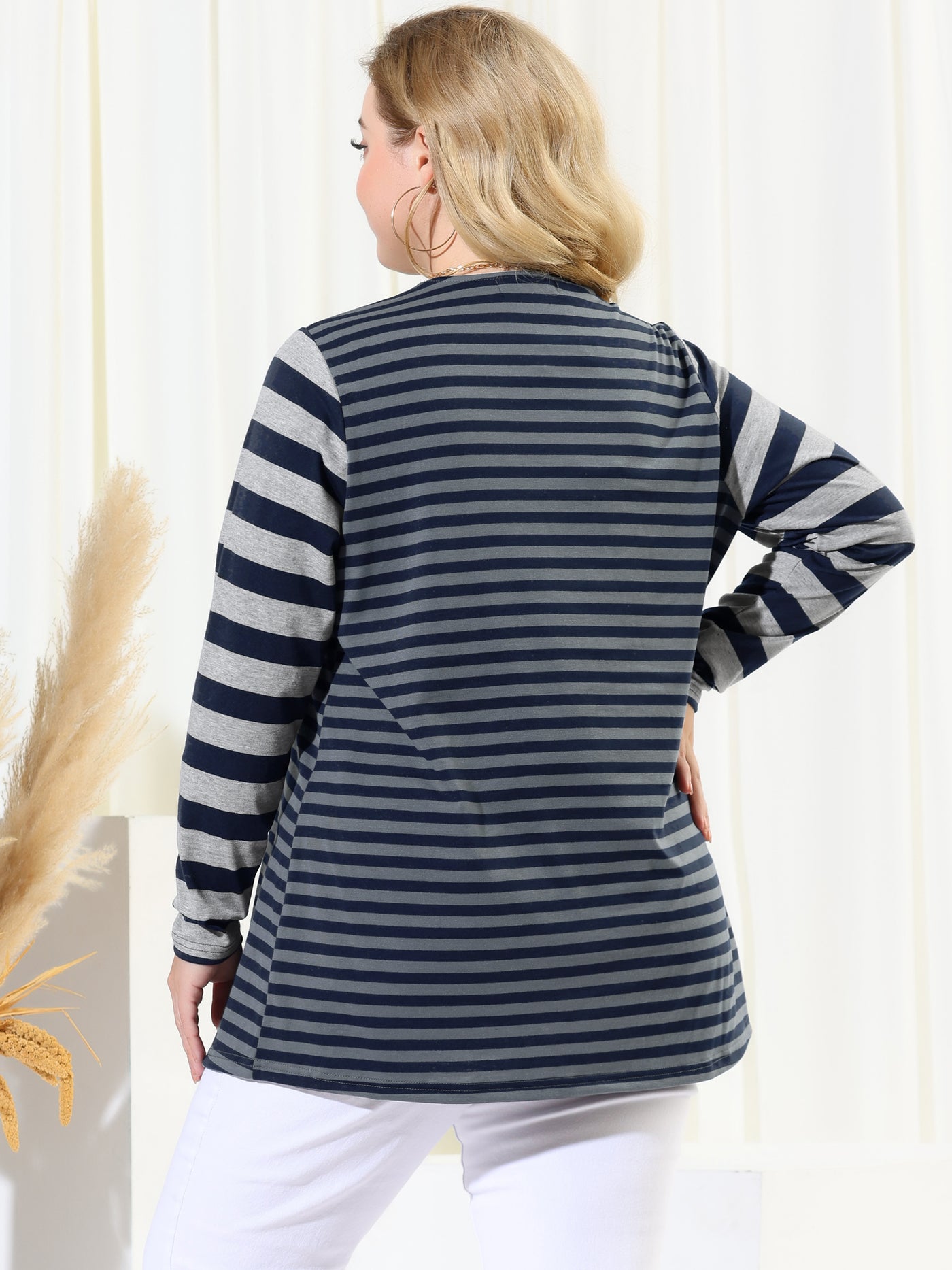 Bublédon Women Plus Size Open Front Mixed Striped Cardigan
