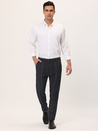 Men's Striped Dress Pants Slim Fit Flat Front Business Formal Trousers