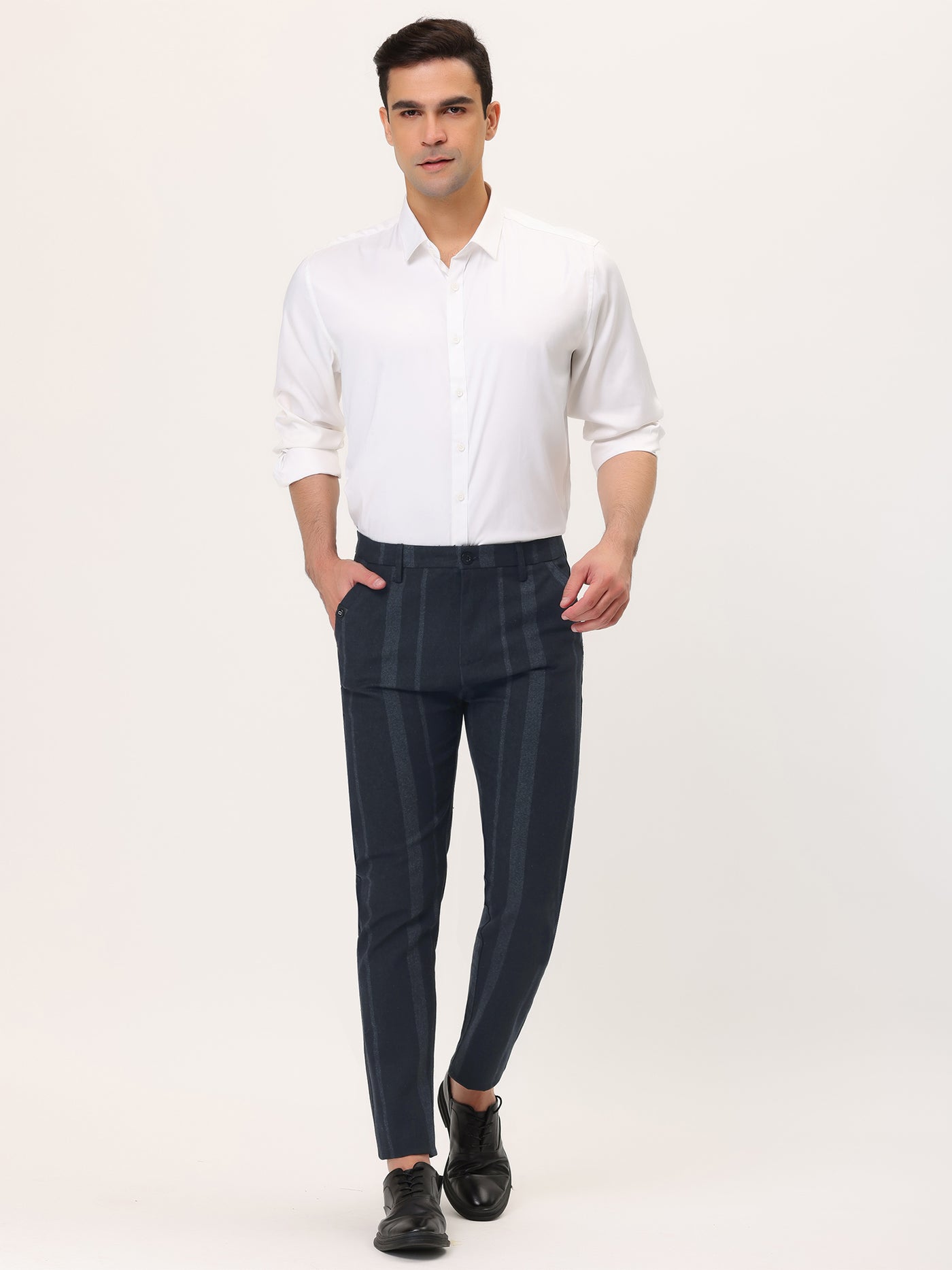 Bublédon Men's Striped Dress Pants Slim Fit Flat Front Business Formal Trousers