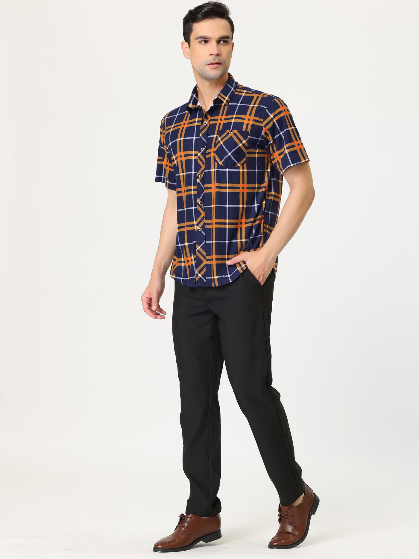 Bublédon Men's Plaid Shirt Short Sleeves Casual Contrast Color Button Down Checked Shirts