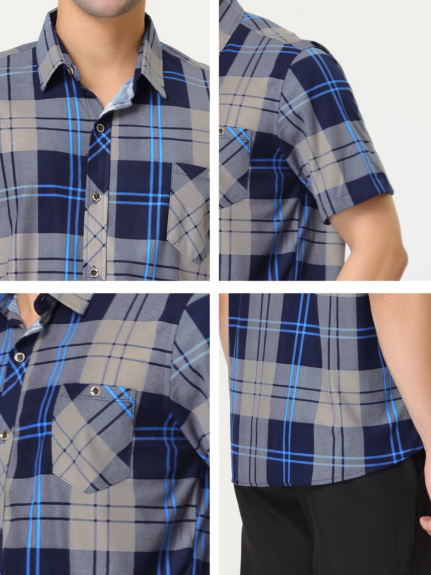 Bublédon Men's Plaid Shirt Short Sleeves Casual Contrast Color Button Down Checked Shirts