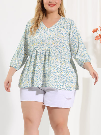 Chic Floral Printed V Neck Plus Size Babydoll Blouse