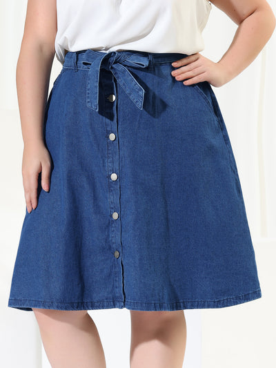 A Line Polyester Button Up Plus Size Denim Skirt