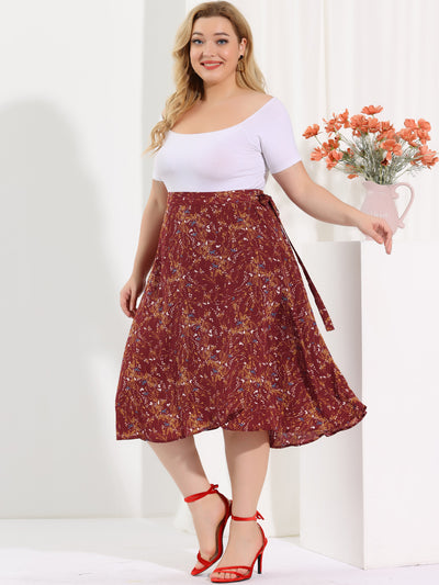 A Line Polyester Floral Print Plus Size Wrap Midi Skirt