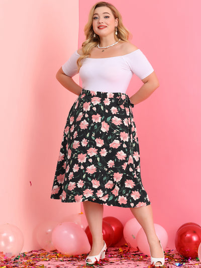 A Line Polyester Floral Print Plus Size Wrap Midi Skirt