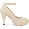 Perphy Round Toe Stiletto Heel Ankle Strap Suede Pumps