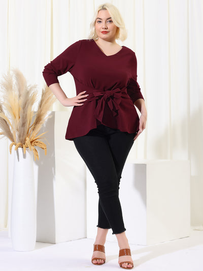 Women's Plus Size V Neck Loose Belted Knot Tie Blouse