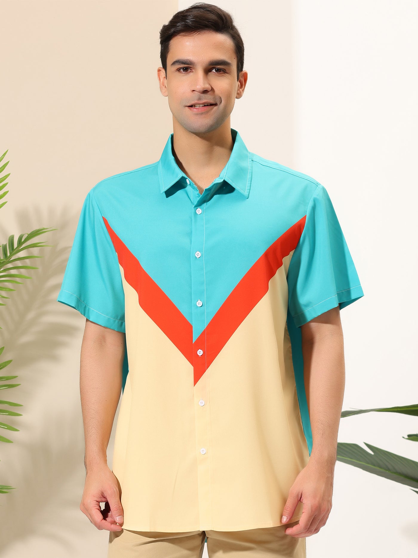 Bublédon Geometric Patchwork Short Sleeve Button Beach Shirt