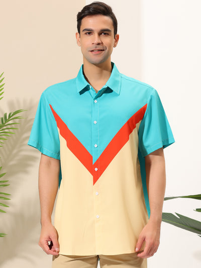 Geometric Patchwork Short Sleeve Button Beach Shirt