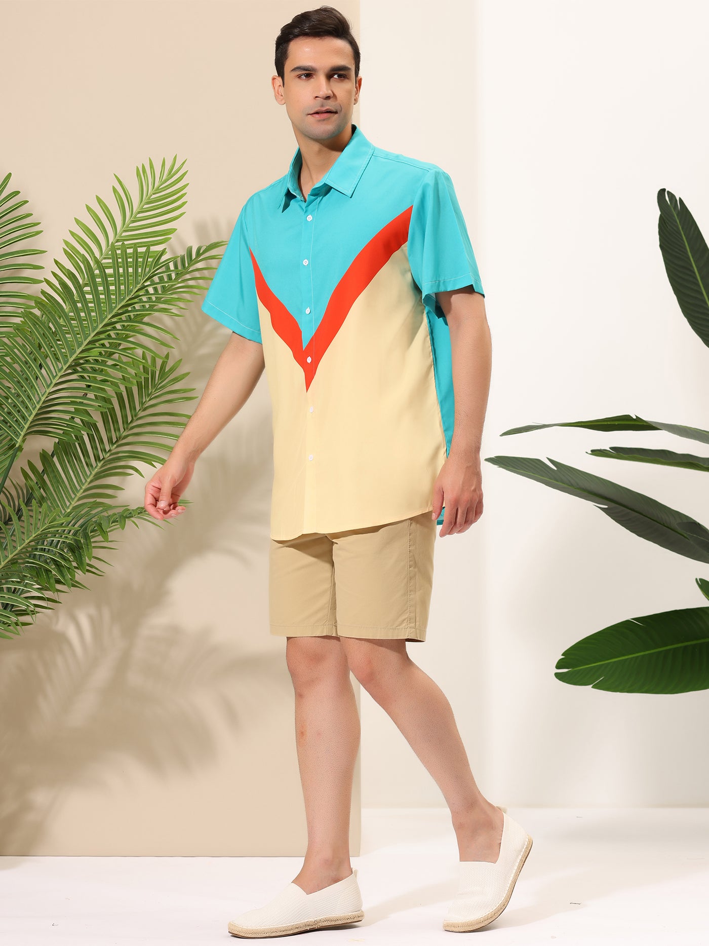 Bublédon Geometric Patchwork Short Sleeve Button Beach Shirt