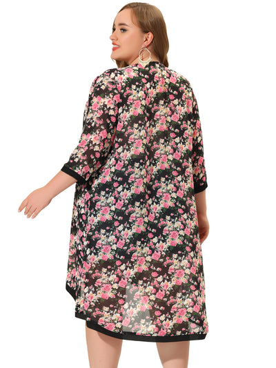 Plus Size Floral Printed Contrast Panel Chiffon Cardigans