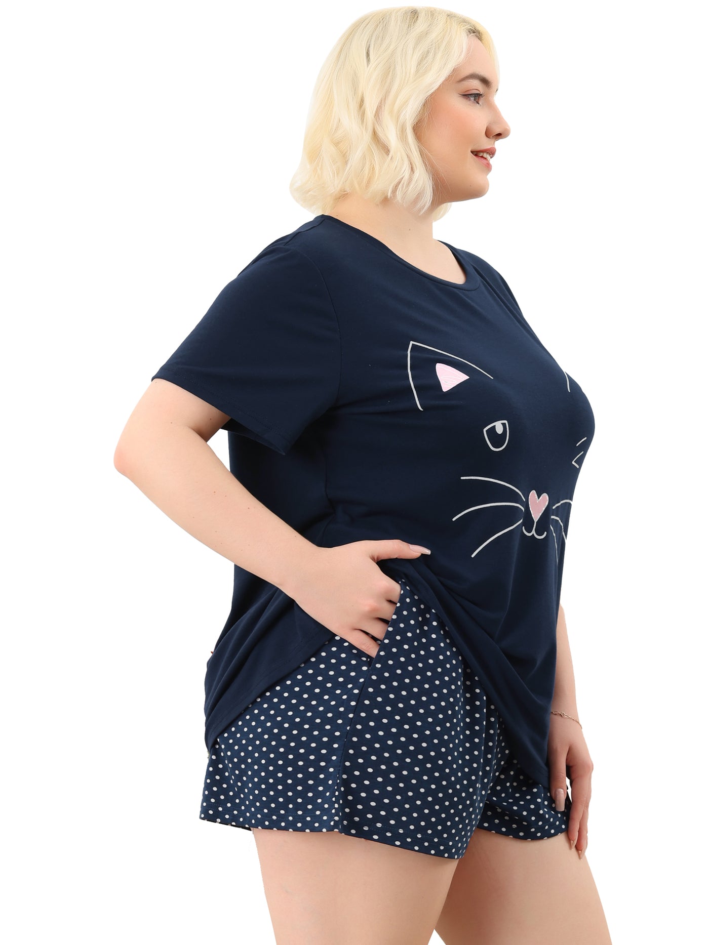 Bublédon Plus Size Polka Dots Elastic Round Neck Sleepwear