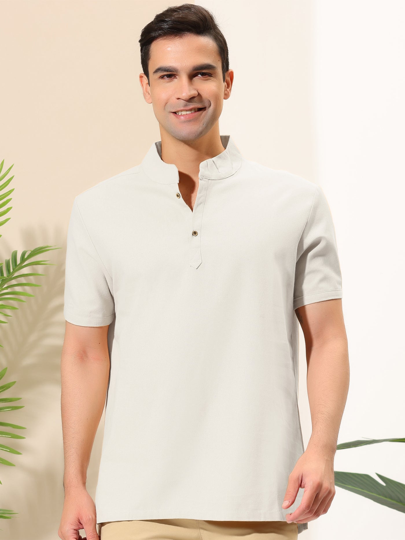 Bublédon Casual Linen Stand Collar Short Sleeve Henley Shirts
