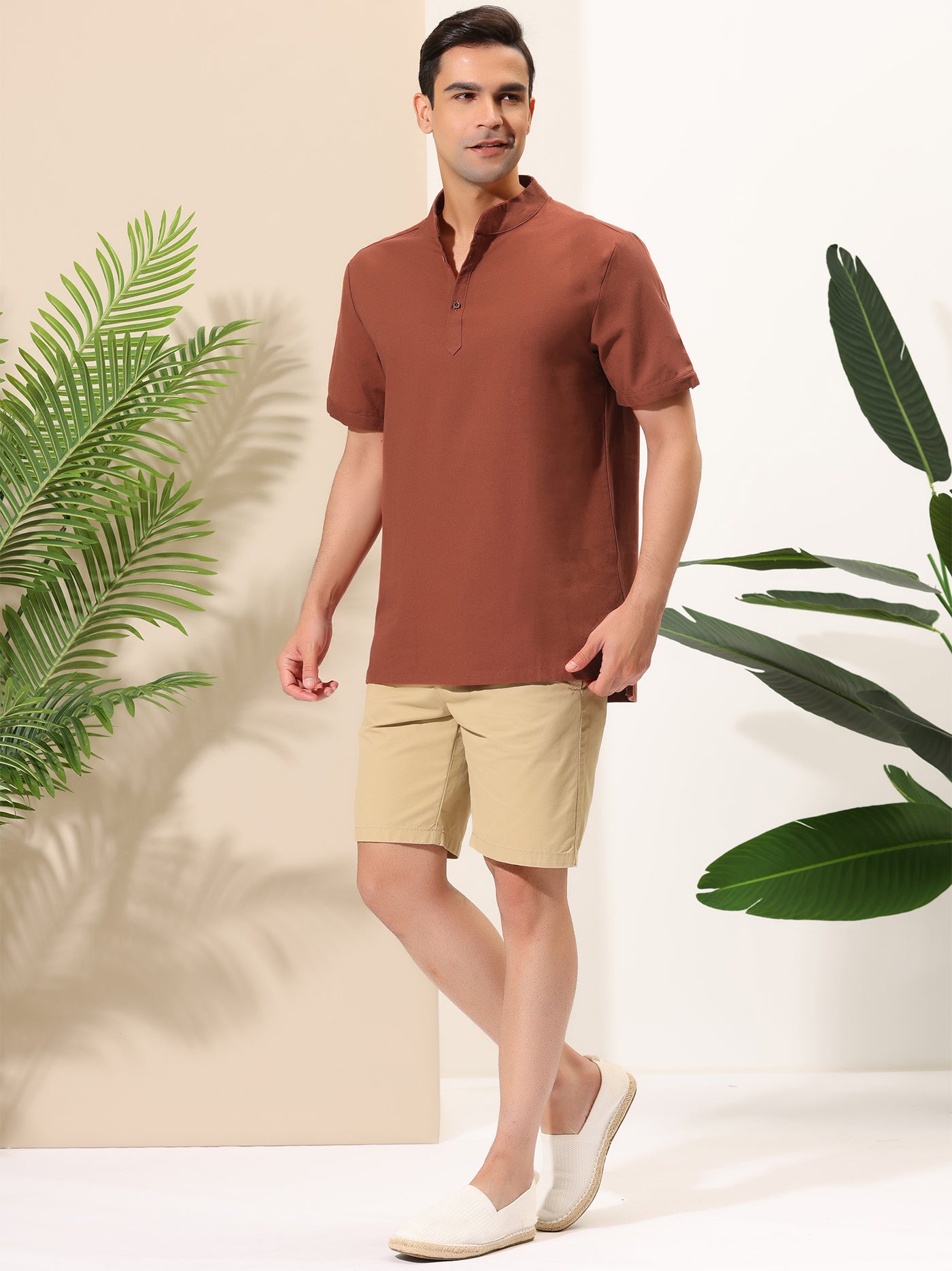 Bublédon Casual Linen Stand Collar Short Sleeve Henley Shirts