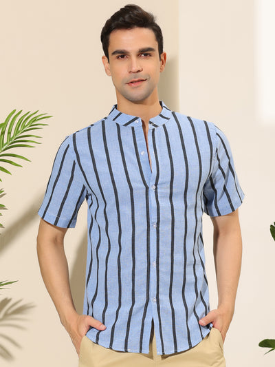 Striped Short Sleeve Band Collar Button Beach Shirt
