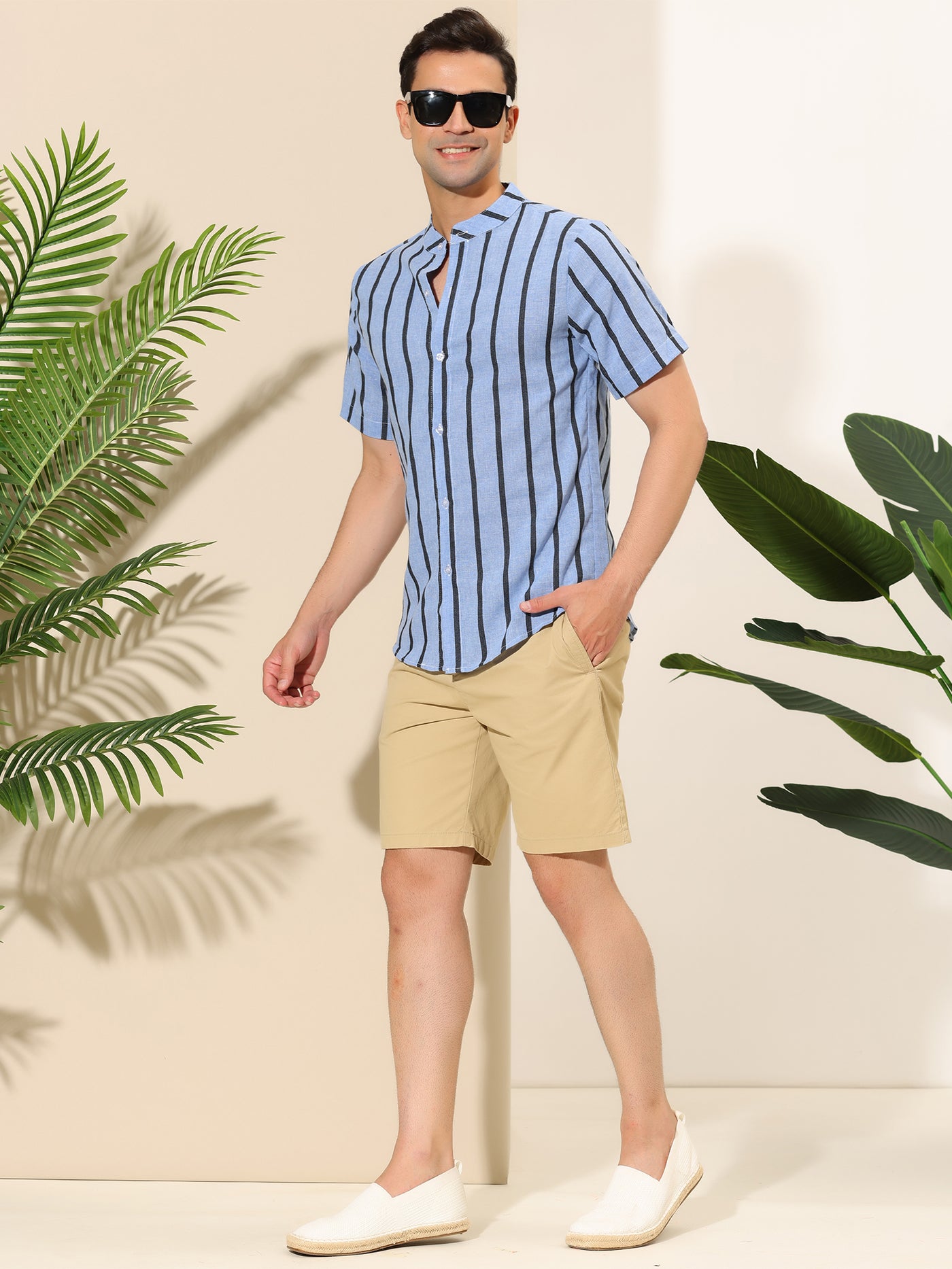 Bublédon Striped Short Sleeve Band Collar Button Beach Shirt
