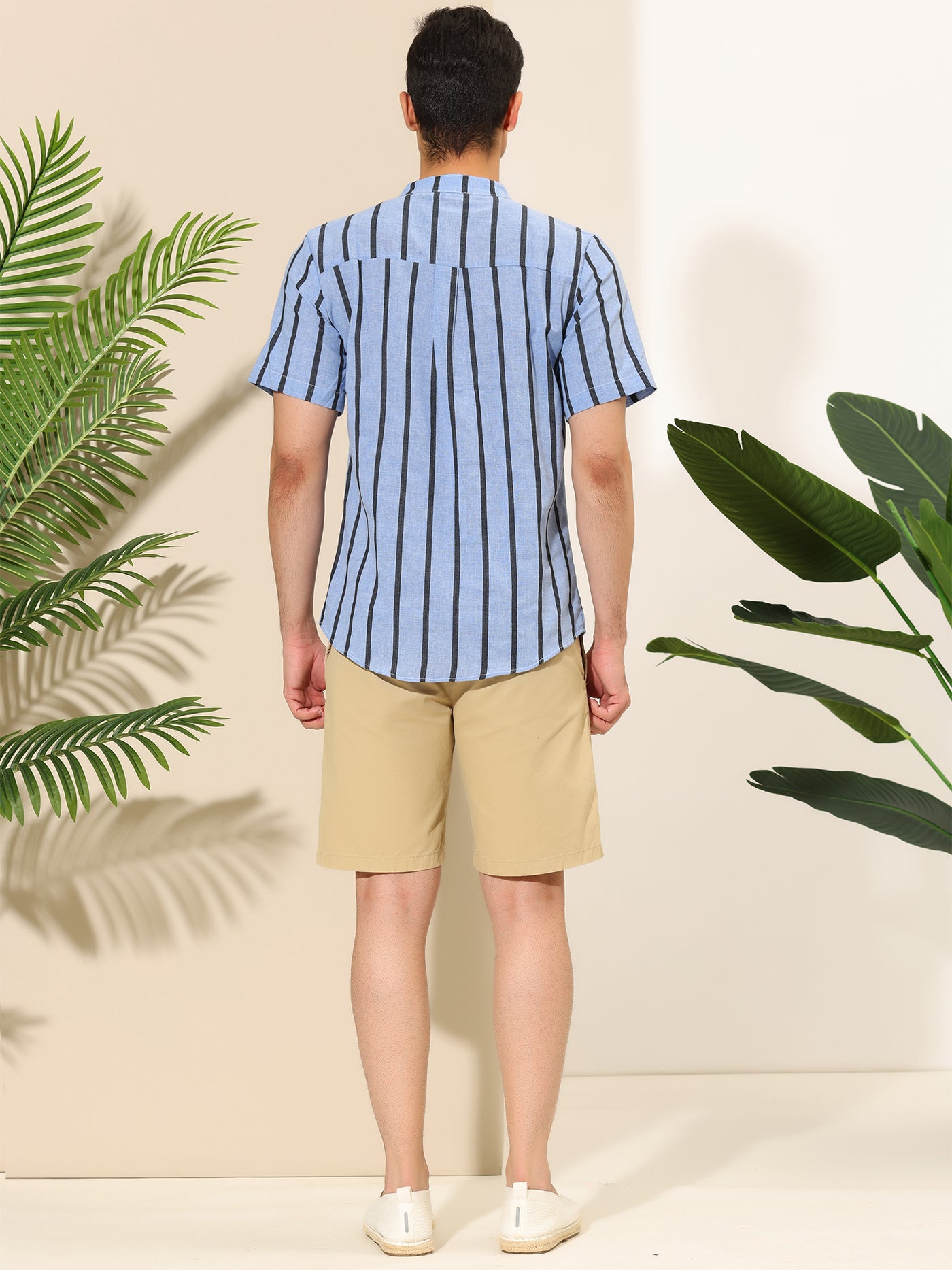 Bublédon Striped Short Sleeve Band Collar Button Beach Shirt