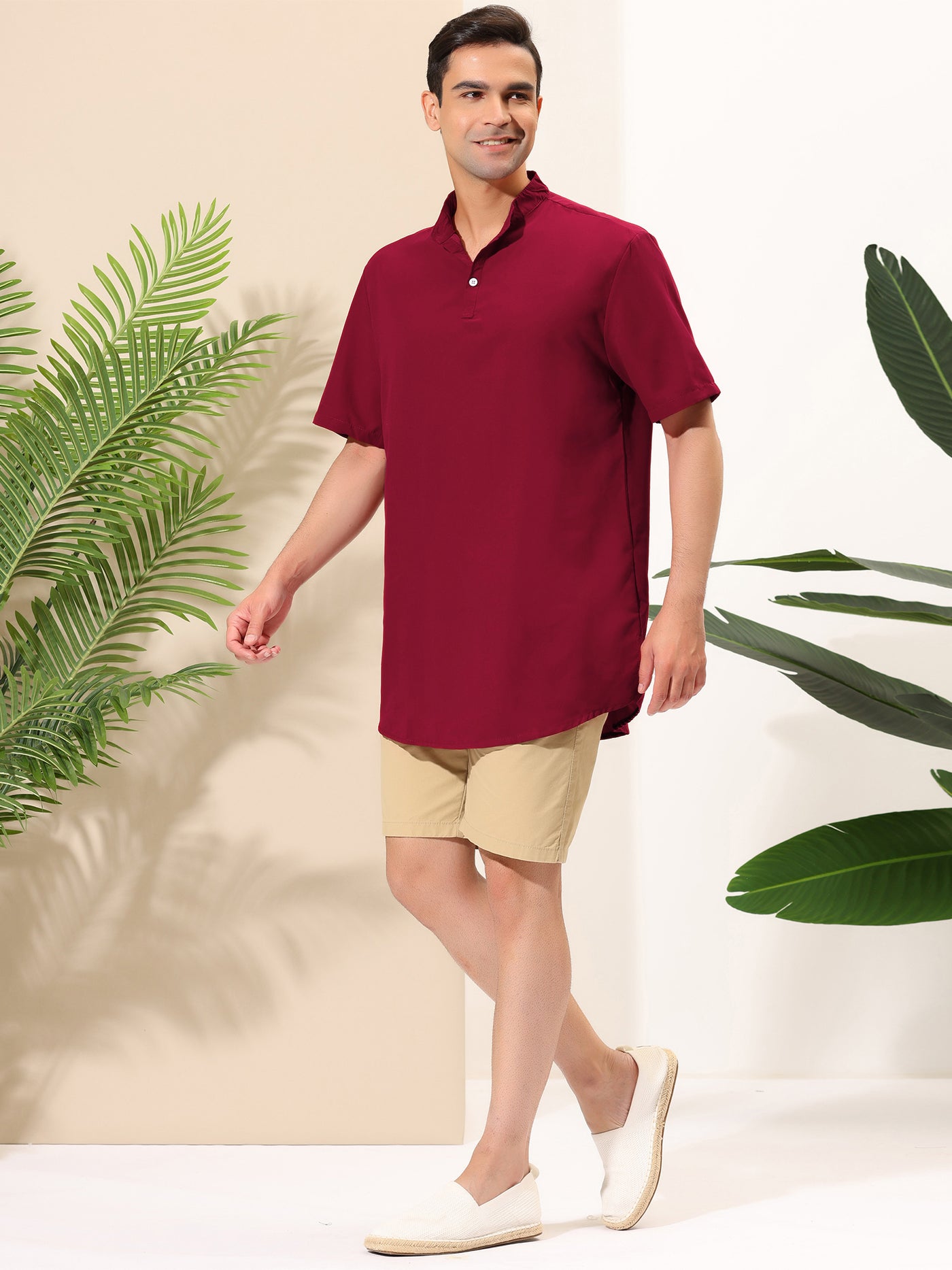 Bublédon Casual Banded Collar Short Sleeve Solid Henley Shirt