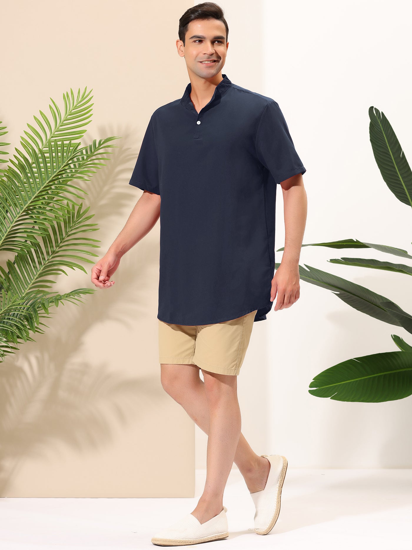 Bublédon Casual Banded Collar Short Sleeve Solid Henley Shirt