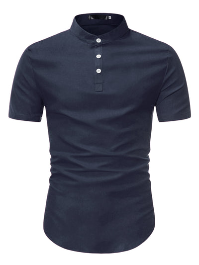 Casual Banded Collar Short Sleeve Solid Henley Shirt