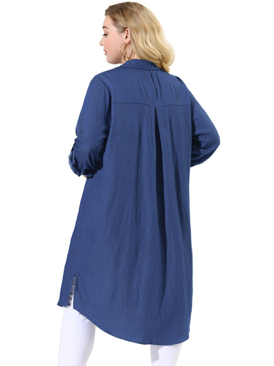 Plus Size Chambray Shirt Long Chest Pocket Denim Dress
