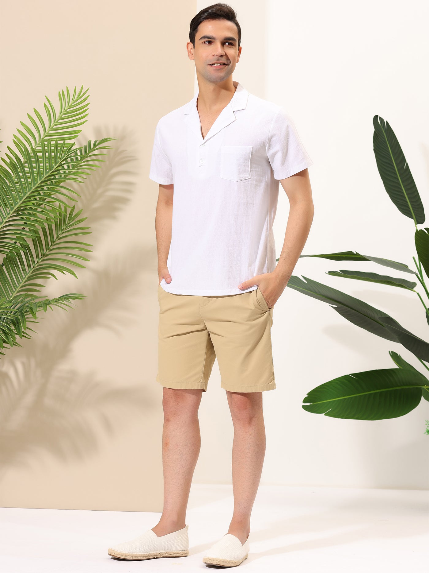 Bublédon Linen Camp Collar Short Sleeve Solid Color Shirts