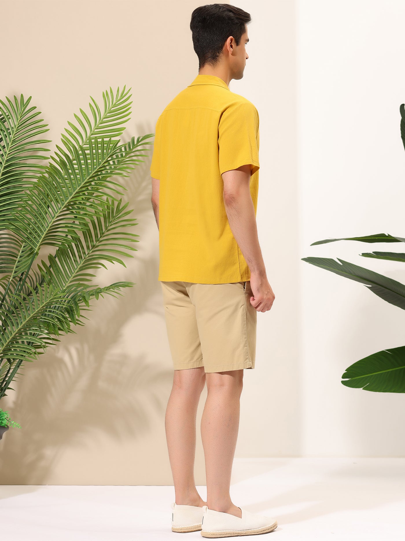 Bublédon Linen Camp Collar Short Sleeve Solid Color Shirts