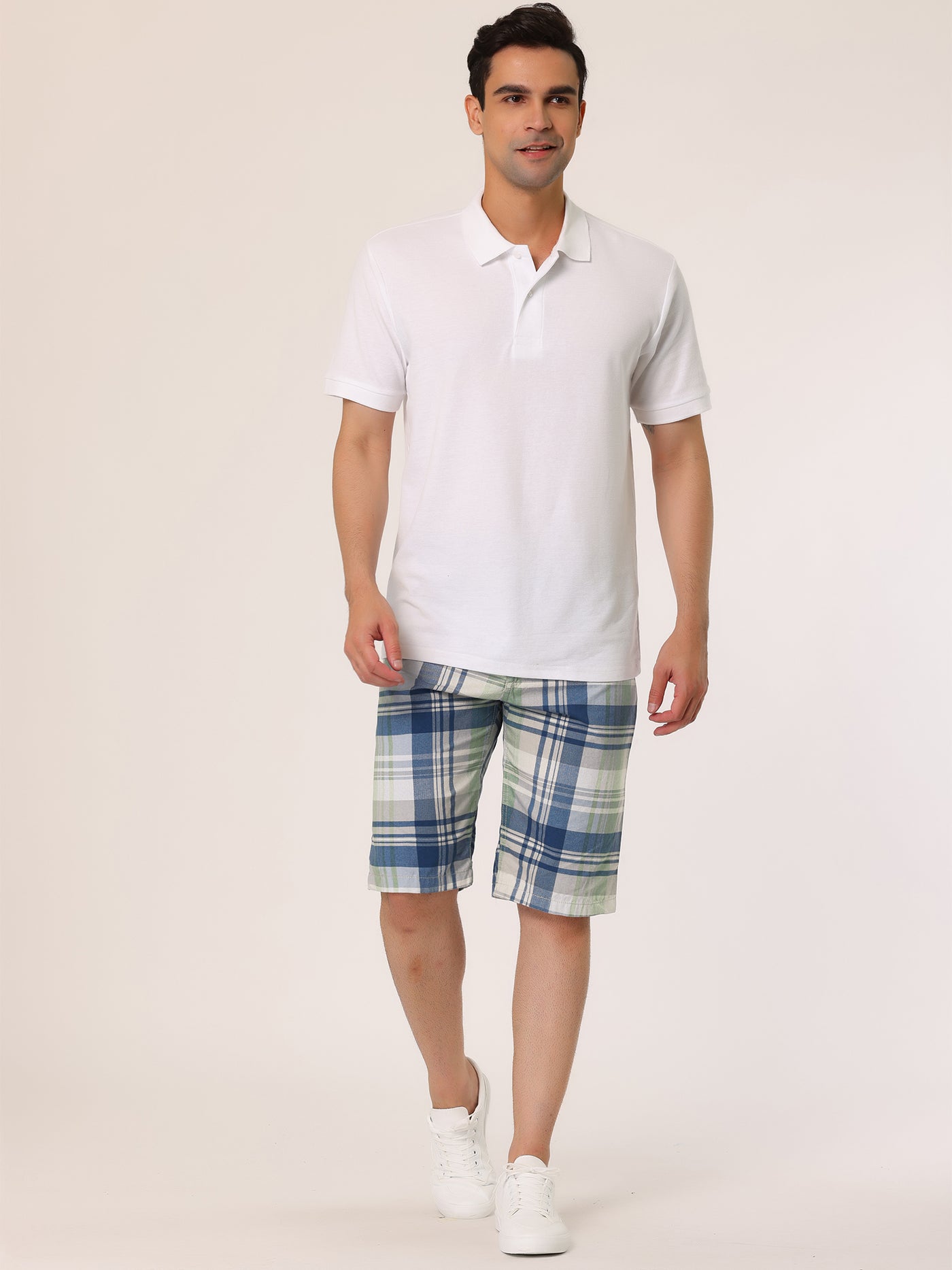 Bublédon Men's Summer Plaid Shorts Slim Fit Flat Front Pattern Pants